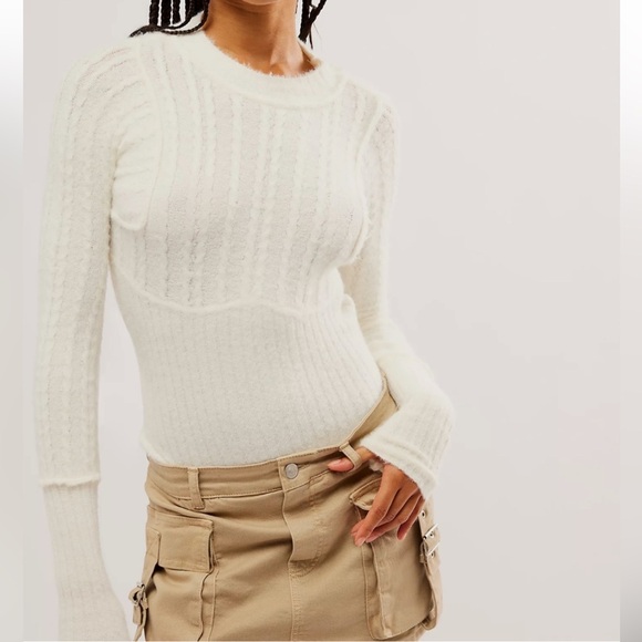 Free People Tops - Free People Keep Me Warm Cable Knit Bodysuit Coconut Milk Ivory Small Cozy Fuzzy